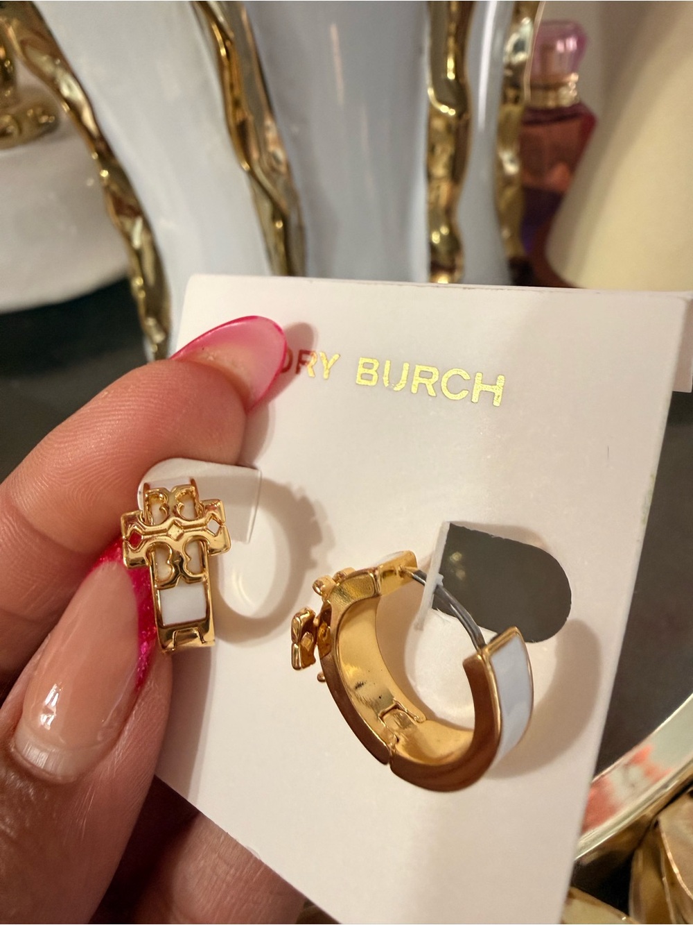 Tory Burch White Enamel and Gold Logo Huggie Hoop Earrings